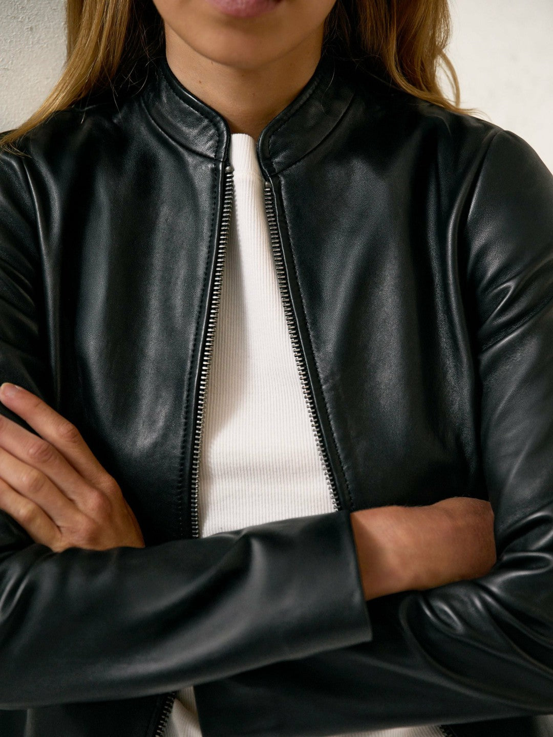 Leather Collarless Biker Jacket in Black | Reiss Women Best Seller