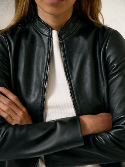 Leather Collarless Biker Jacket in Black | Reiss Women Best Seller