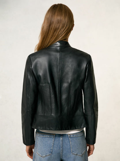 Leather Collarless Biker Jacket in Black | Reiss Women Best Seller