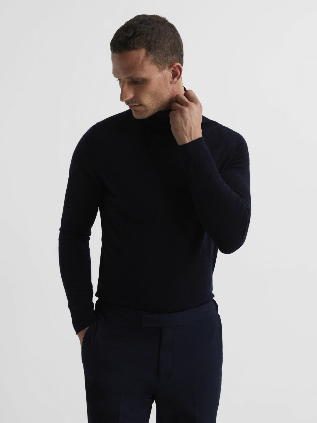 Slim Fit Merino Wool Roll Neck Jumper in Navy | Reiss Men Best Seller