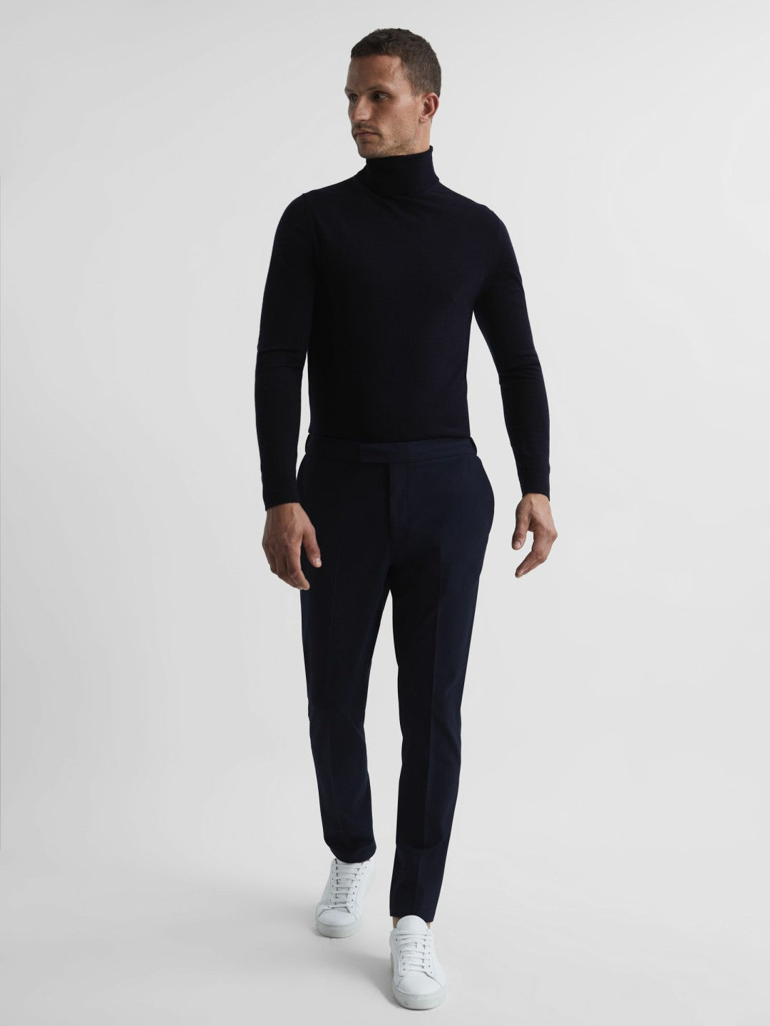 Slim Fit Merino Wool Roll Neck Jumper in Navy | Reiss Men Best Seller