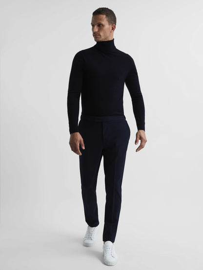 Slim Fit Merino Wool Roll Neck Jumper in Navy | Reiss Men Best Seller