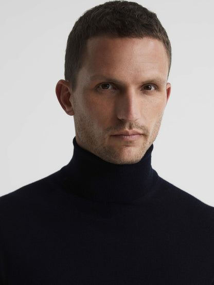 Slim Fit Merino Wool Roll Neck Jumper in Navy | Reiss Men Best Seller