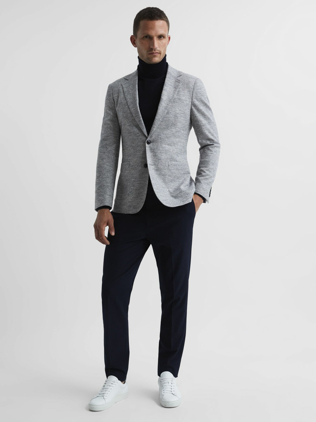 Slim Fit Merino Wool Roll Neck Jumper in Navy | Reiss Men Best Seller