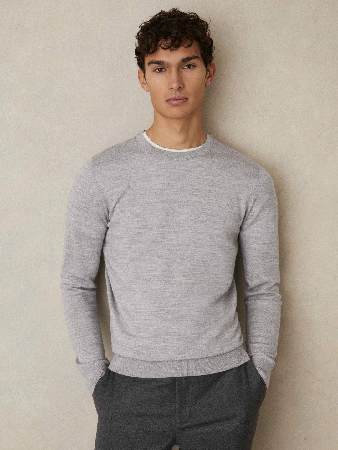 Merino Wool Crew Neck Jumper in Soft Grey Mouline | Reiss Men Premium
