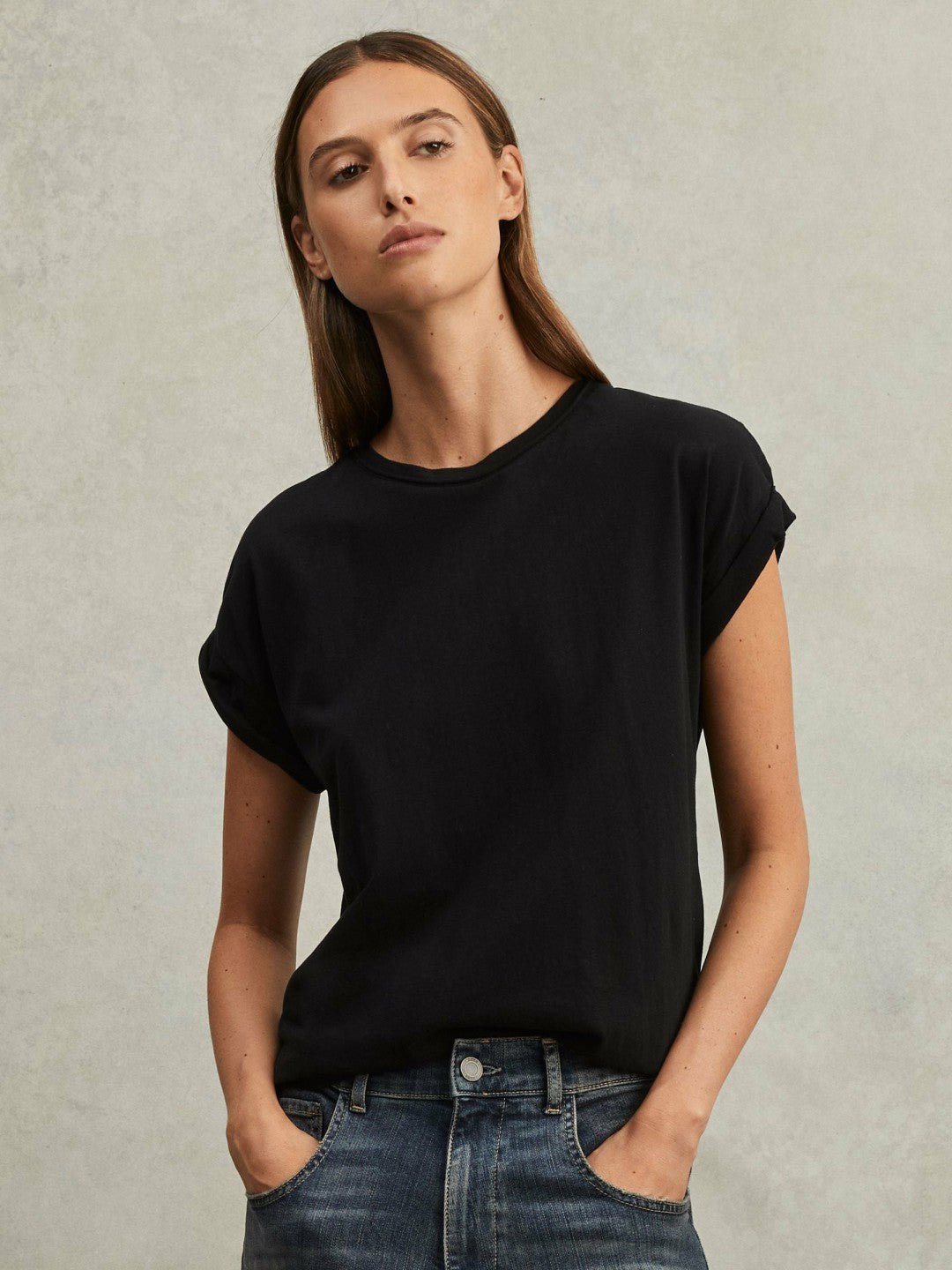Cotton-Jersey Crew Neck T-Shirt in Black | Reiss Women New