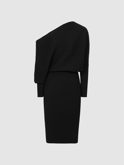 Off-The-Shoulder Ribbed Midi Dress in Black | Reiss Women Recommended