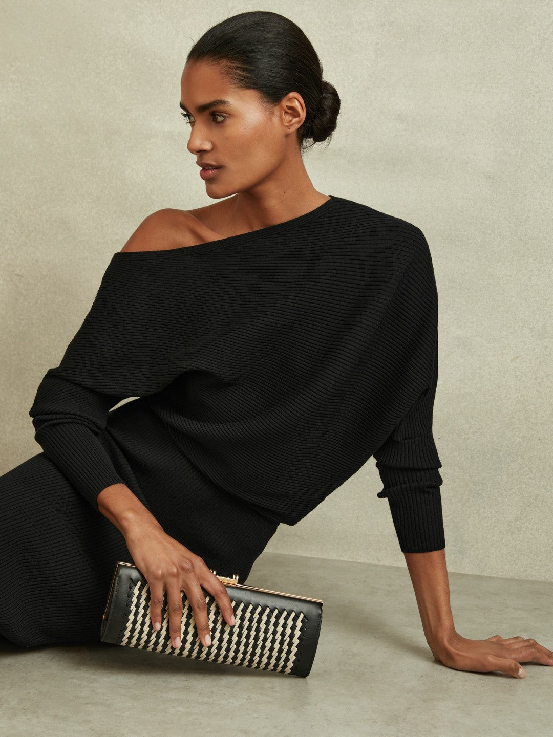 Off-The-Shoulder Ribbed Midi Dress in Black | Reiss Women Recommended