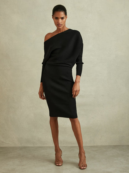 Off-The-Shoulder Ribbed Midi Dress in Black | Reiss Women Recommended