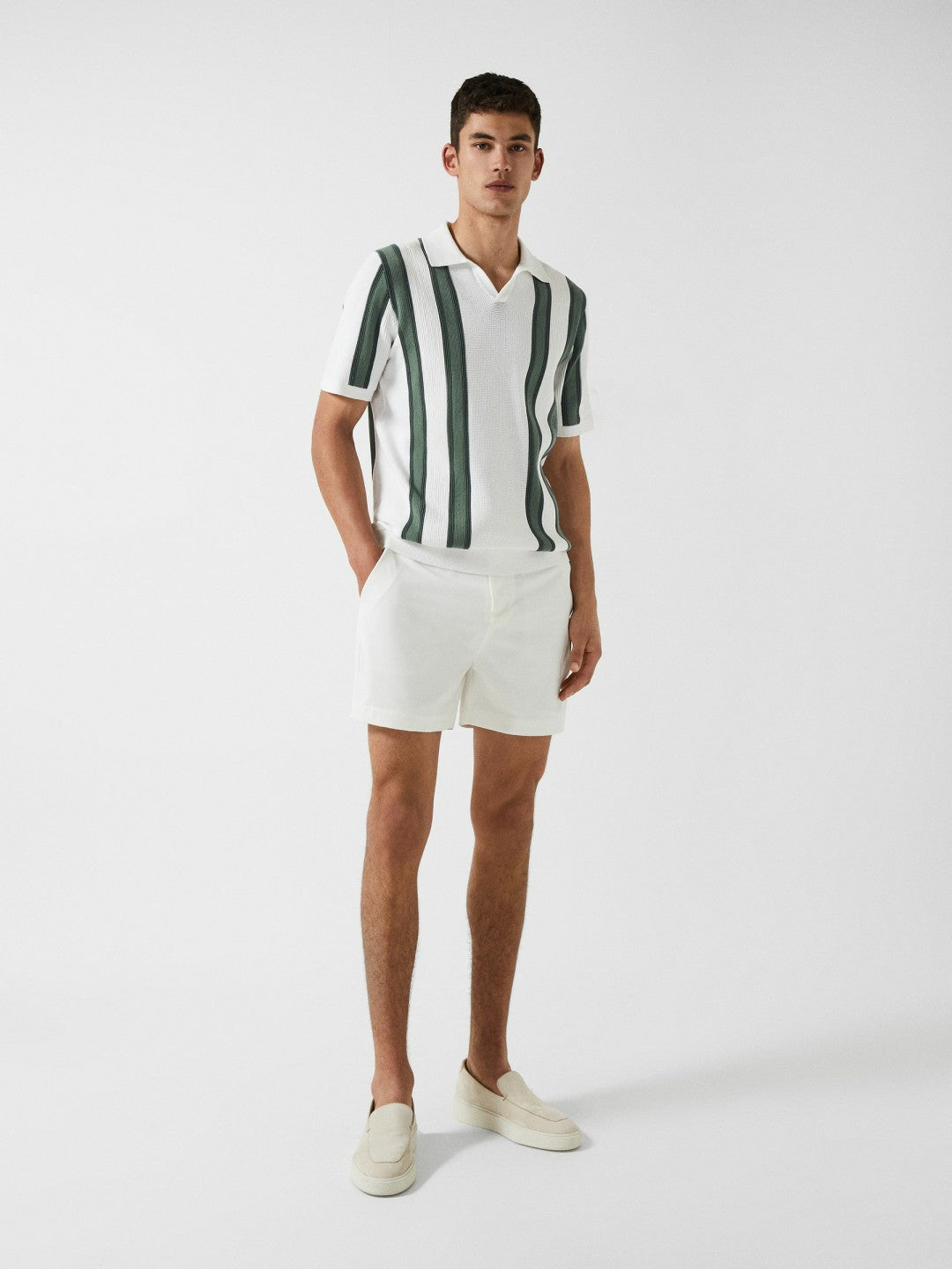 Open Collar Striped Polo T-Shirt in White/Sage | Reiss Men New