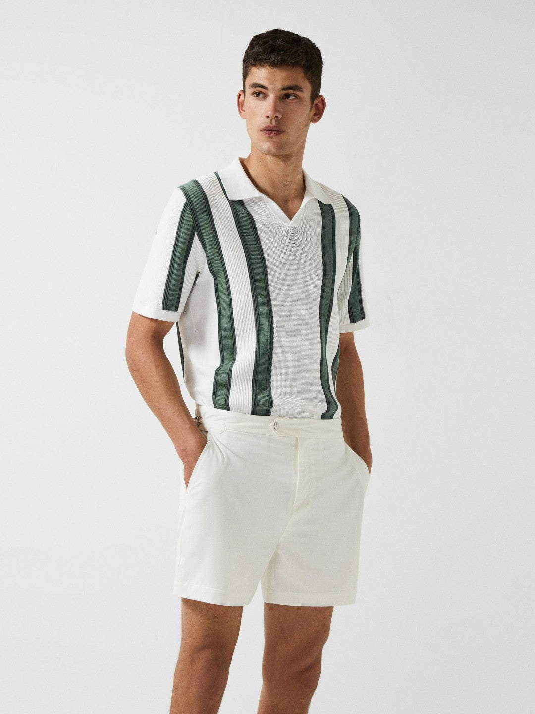 Open Collar Striped Polo T-Shirt in White/Sage | Reiss Men New