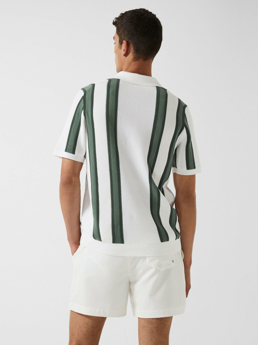 Open Collar Striped Polo T-Shirt in White/Sage | Reiss Men New