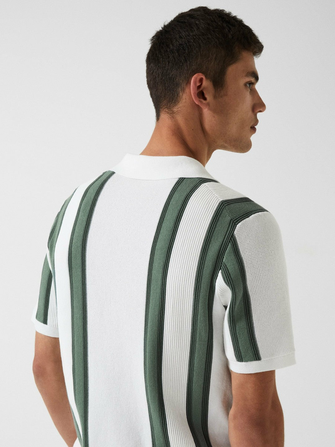 Open Collar Striped Polo T-Shirt in White/Sage | Reiss Men New