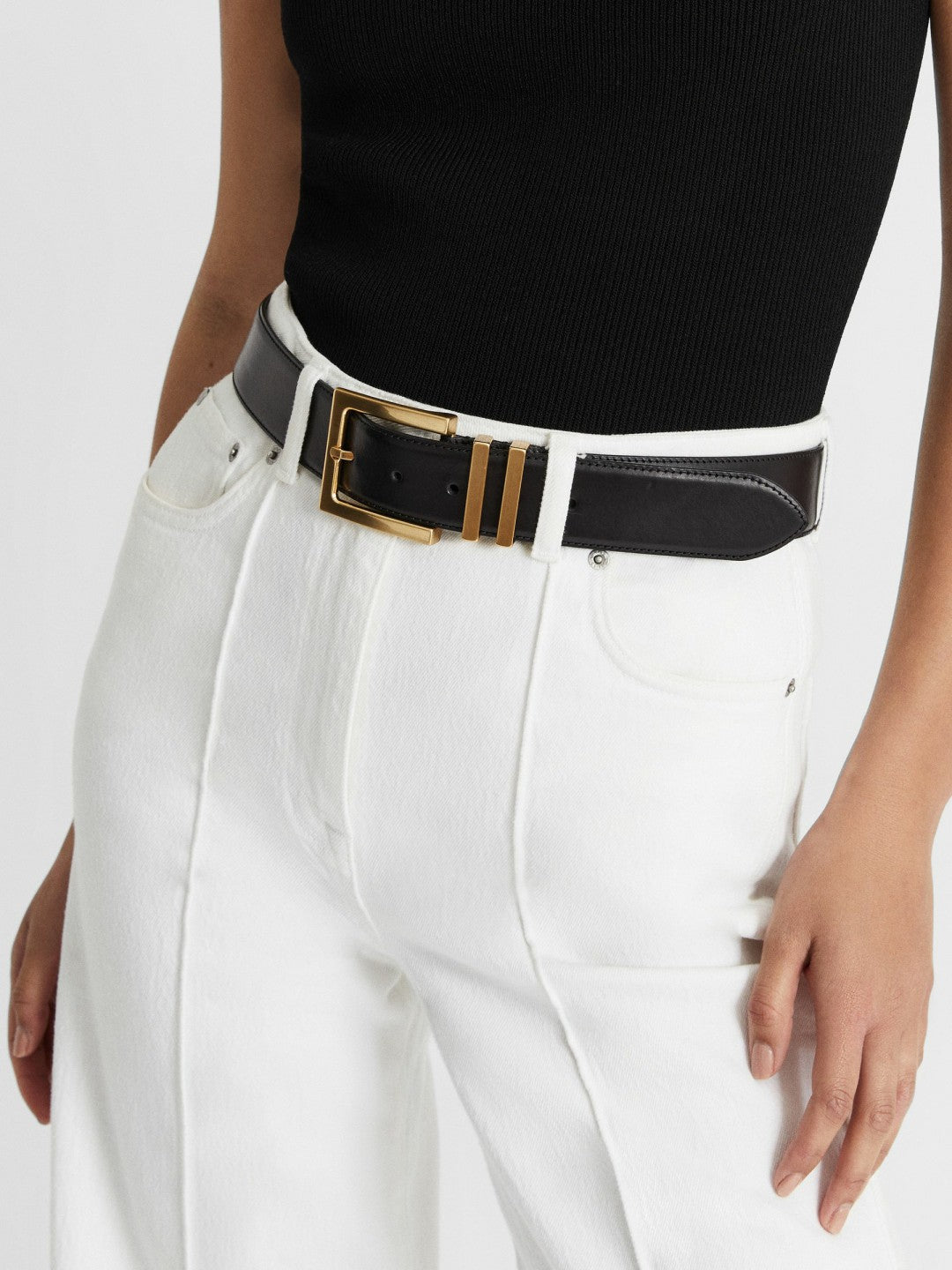Leather Square Buckle Belt in Black | Reiss Women Signature