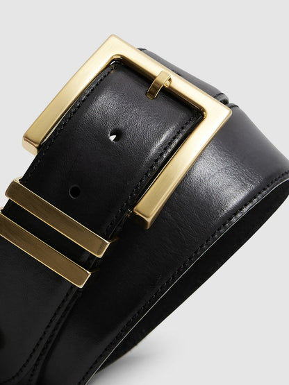 Leather Square Buckle Belt in Black | Reiss Women Signature