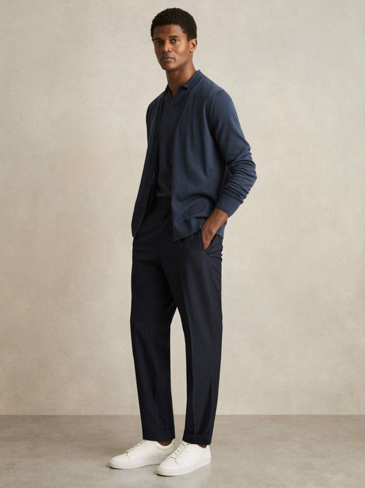 Relaxed-Fit Pleated Tapered Trousers in Navy | Reiss Men Signature