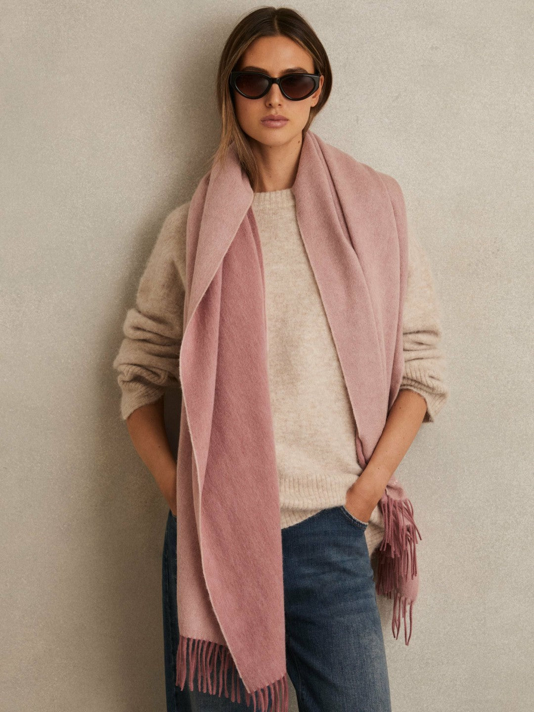 Wool-Cashmere Scarf in Blush | Reiss Women Popular