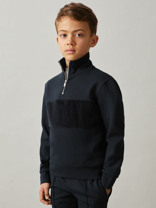 3-9 yrs Slim Fit Half-Zip Funnel Neck Velour Sweatshirt in Navy | Reiss Children & Baby Exclusive