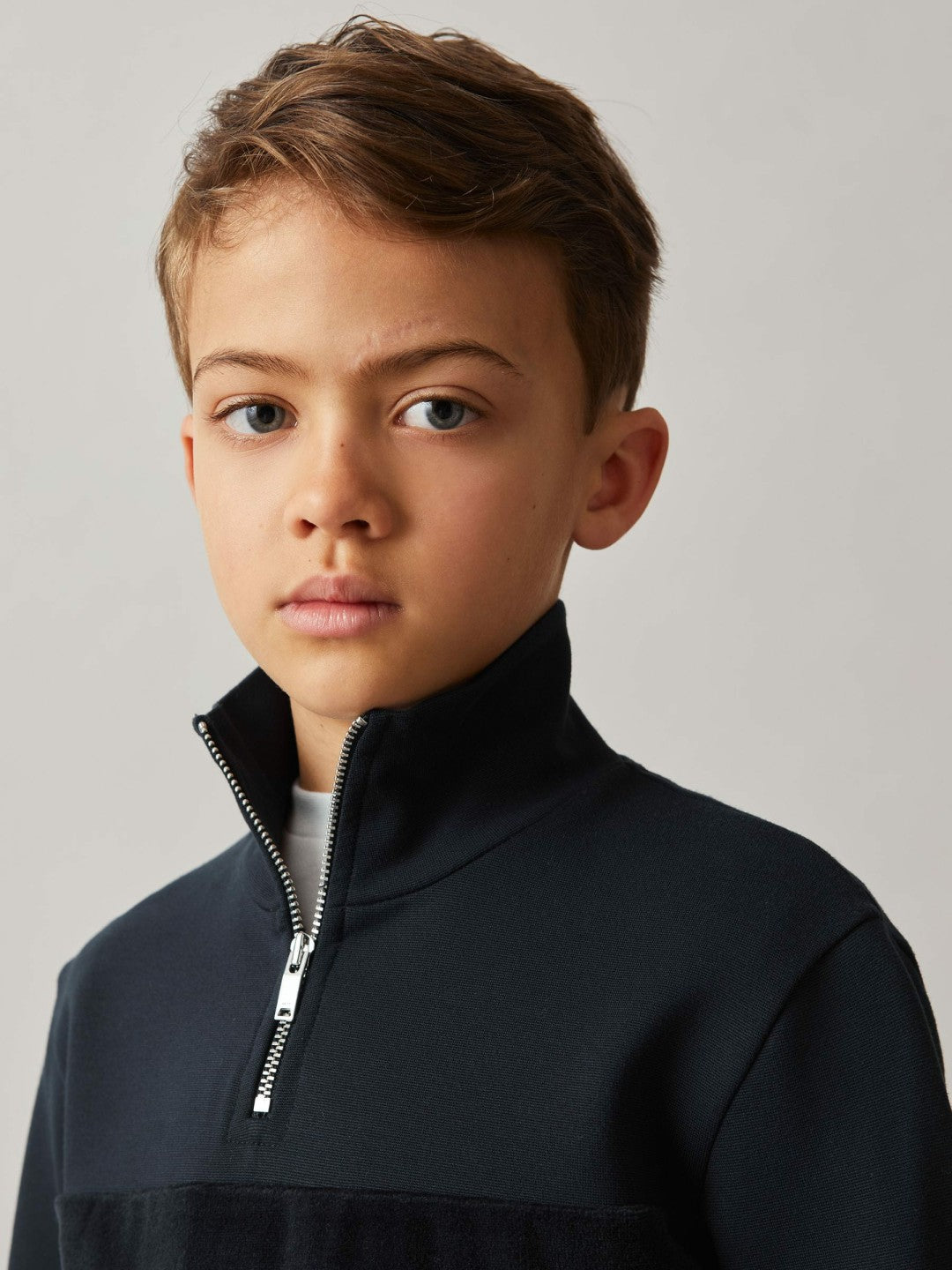 3-9 yrs Slim Fit Half-Zip Funnel Neck Velour Sweatshirt in Navy | Reiss Children & Baby Exclusive