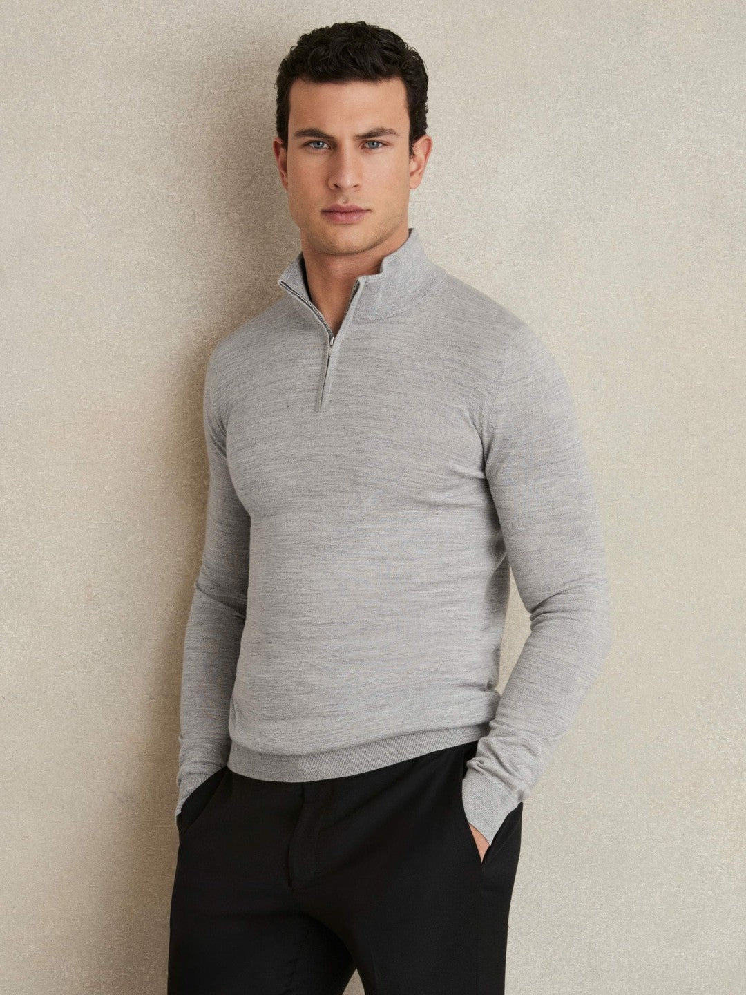 Merino Wool Half-Zip Jumper in Soft Grey Mouline | Reiss Men Premium