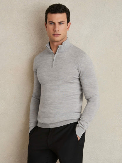 Merino Wool Half-Zip Jumper in Soft Grey Mouline | Reiss Men Premium