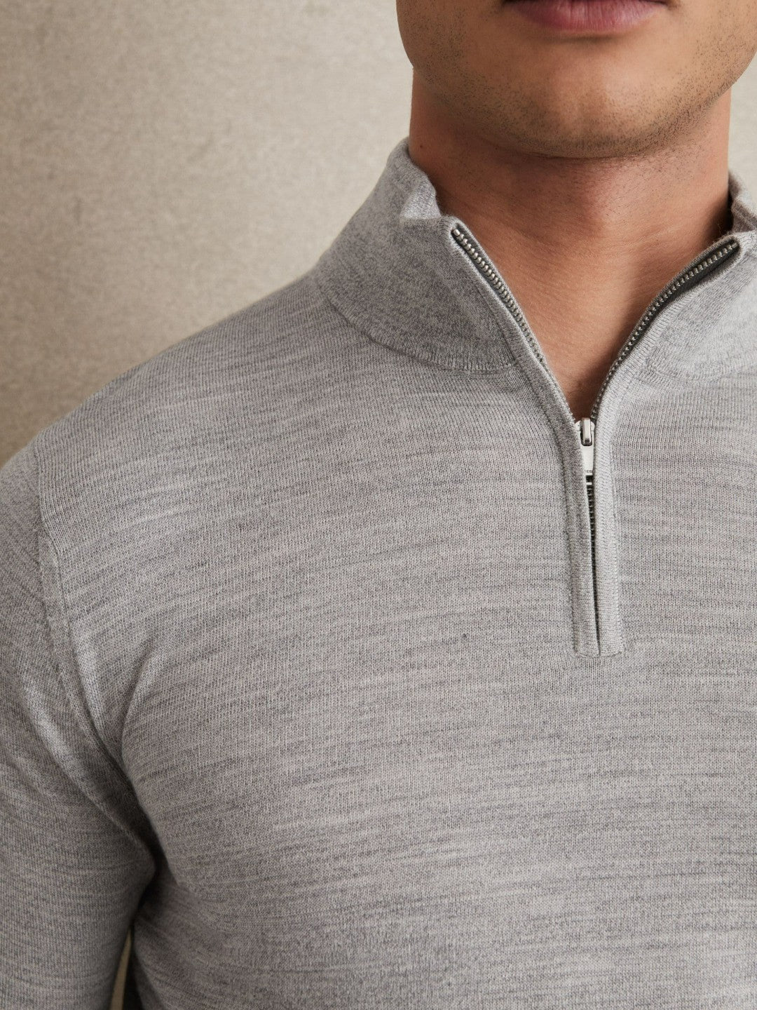 Merino Wool Half-Zip Jumper in Soft Grey Mouline | Reiss Men Premium