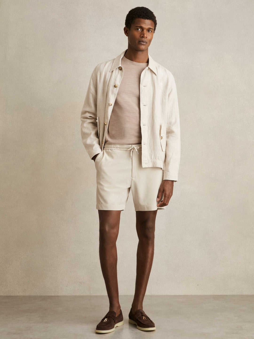 Textured Drawstring Shorts in Stone | Reiss Men Premium
