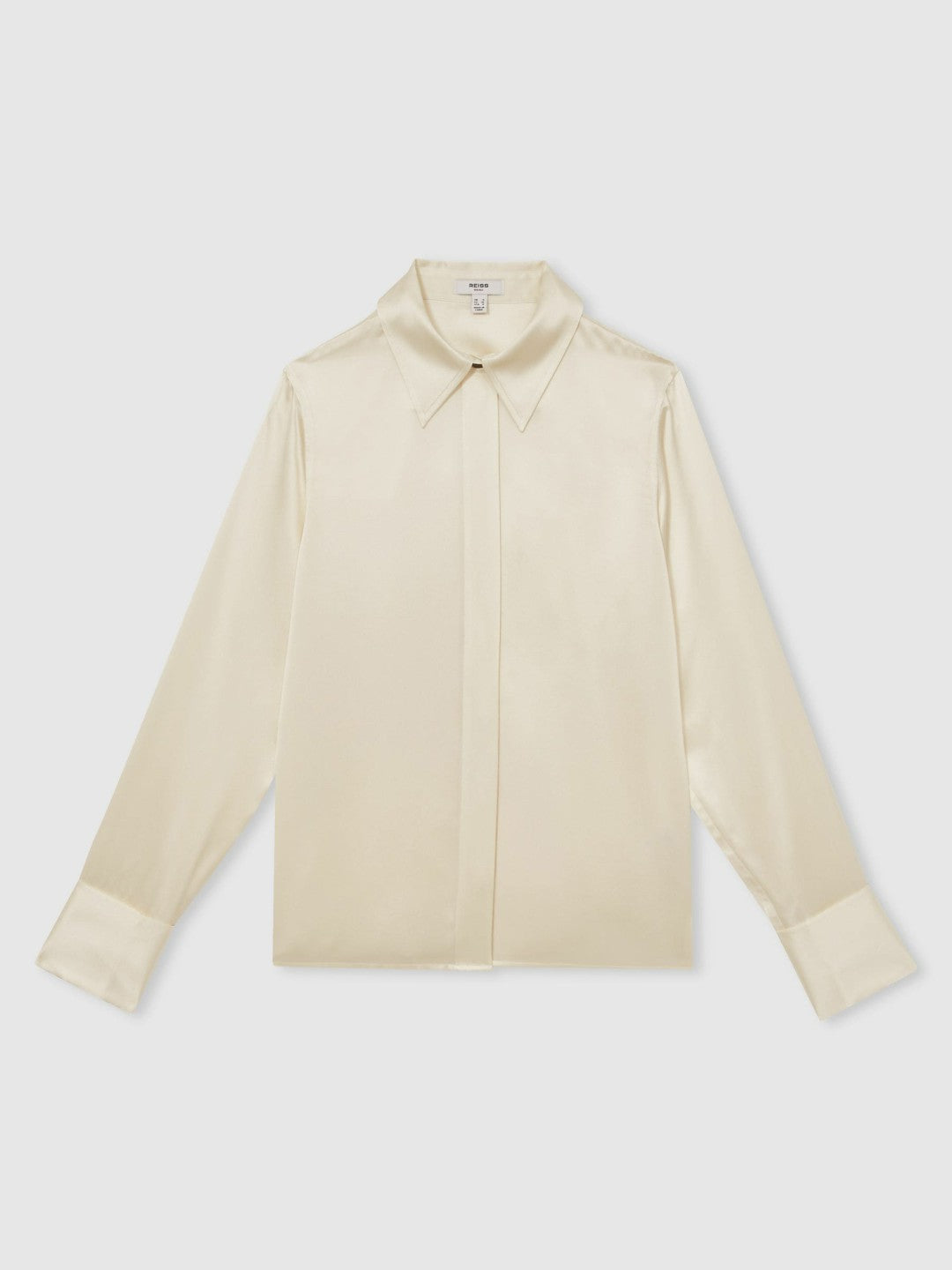 Silk-Satin Concealed-Placket Shirt in Ivory | Reiss Women Featured