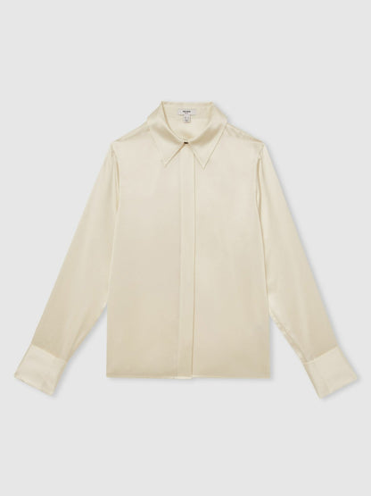 Silk-Satin Concealed-Placket Shirt in Ivory | Reiss Women Featured
