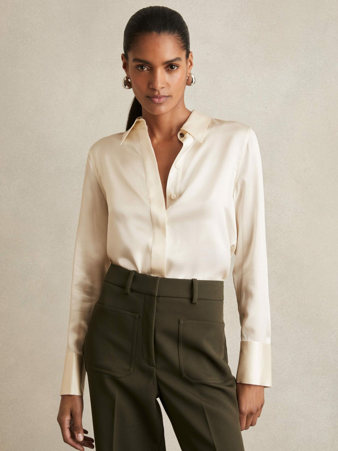 Silk-Satin Concealed-Placket Shirt in Ivory | Reiss Women Featured