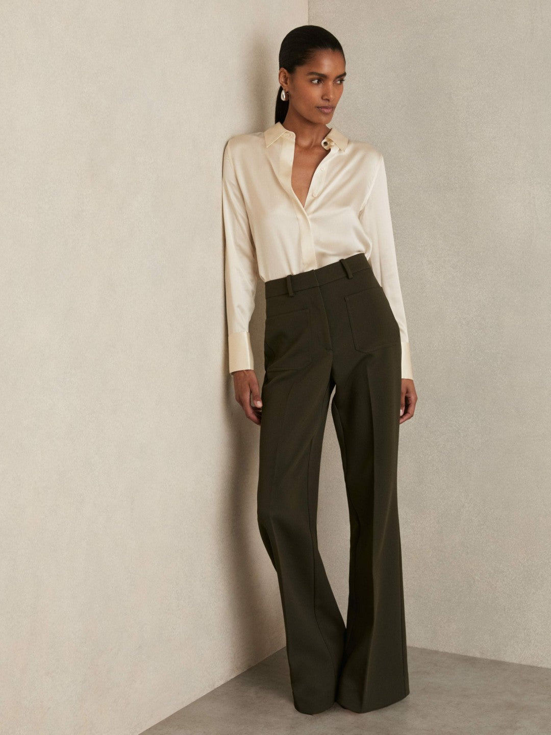 Silk-Satin Concealed-Placket Shirt in Ivory | Reiss Women Featured
