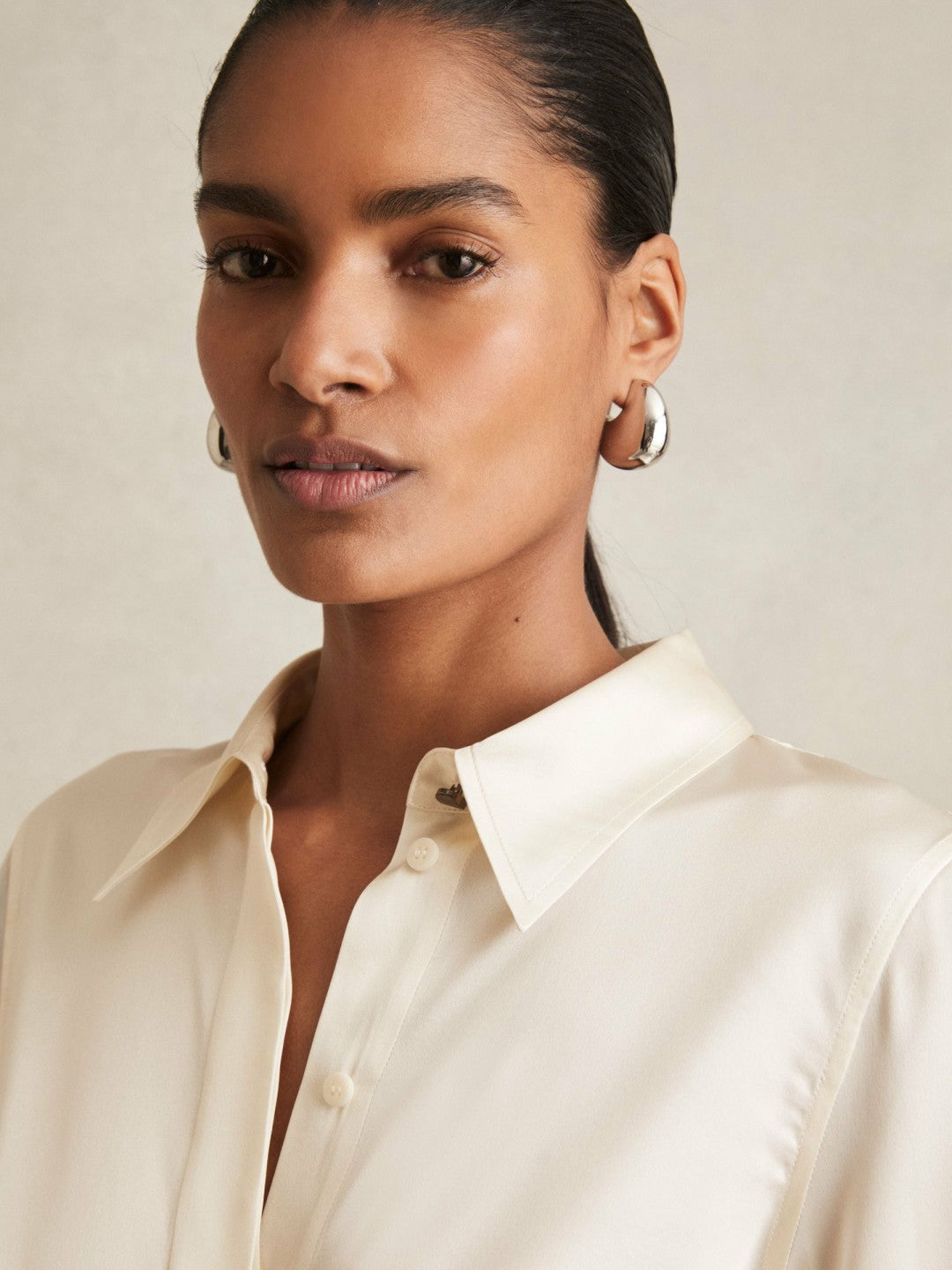 Silk-Satin Concealed-Placket Shirt in Ivory | Reiss Women Featured