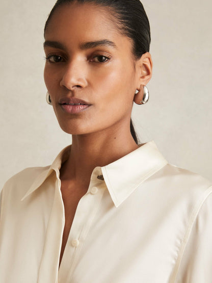 Silk-Satin Concealed-Placket Shirt in Ivory | Reiss Women Featured