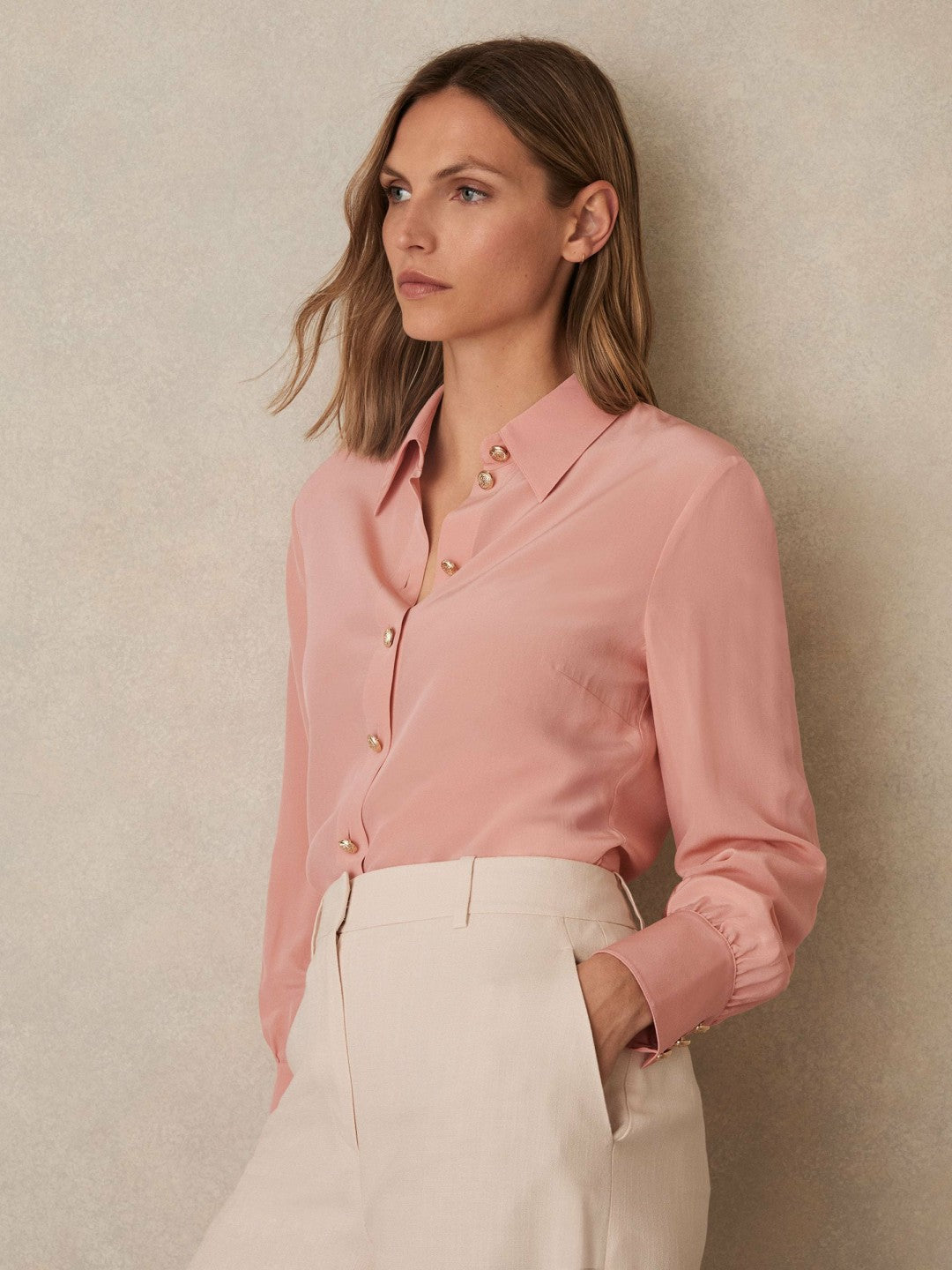 Silk Embossed-Button Shirt in Pink | Reiss Women Popular
