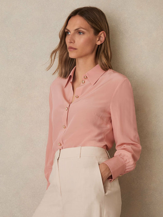 Silk Embossed-Button Shirt in Pink | Reiss Women Popular