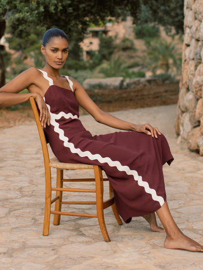 Wave-Trim Crepe Midi Dress in Burgundy | Reiss Women New