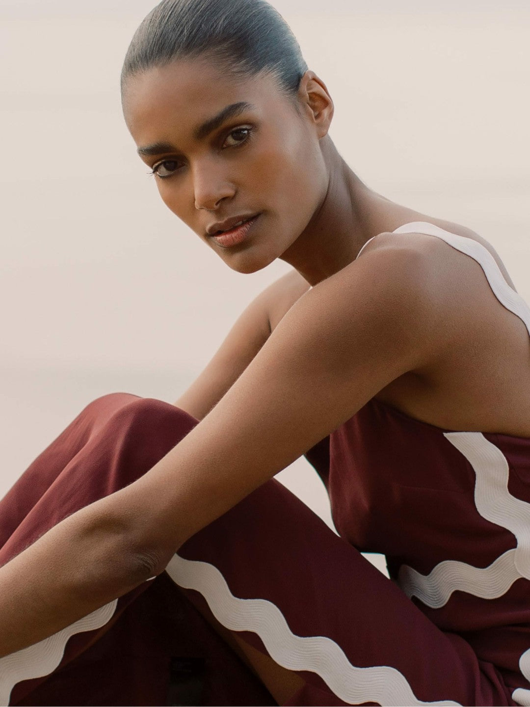 Wave-Trim Crepe Midi Dress in Burgundy | Reiss Women New