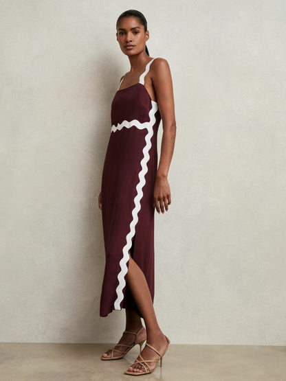 Wave-Trim Crepe Midi Dress in Burgundy | Reiss Women New