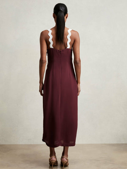 Wave-Trim Crepe Midi Dress in Burgundy | Reiss Women New