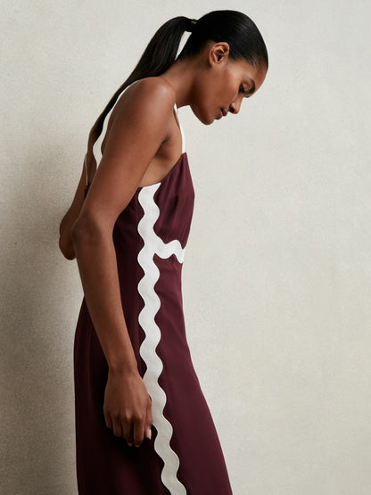 Wave-Trim Crepe Midi Dress in Burgundy | Reiss Women New