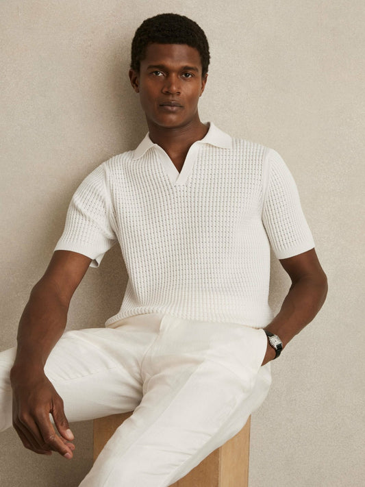 Micro-Cable Open-Collar Cotton-Blend Shirt in White | Reiss Men Best Seller