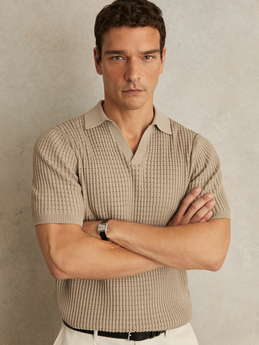 Micro-Cable Open-Collar Cotton-Blend Shirt in Light Camel Brown | Reiss Men Featured