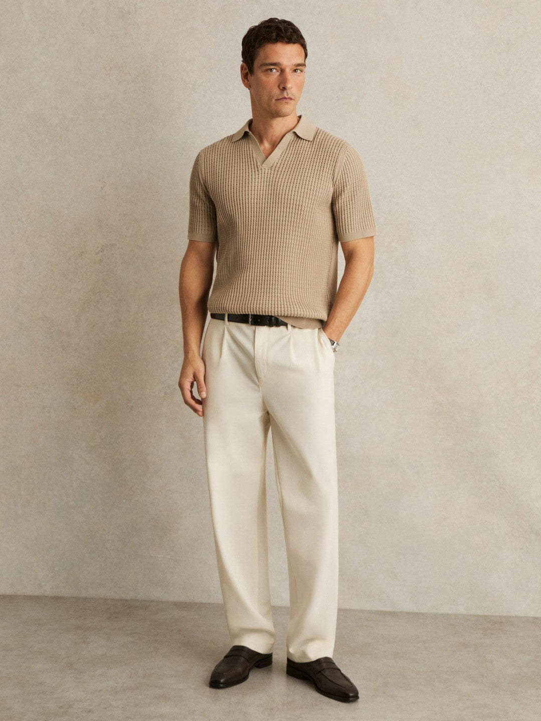 Micro-Cable Open-Collar Cotton-Blend Shirt in Light Camel Brown | Reiss Men Featured