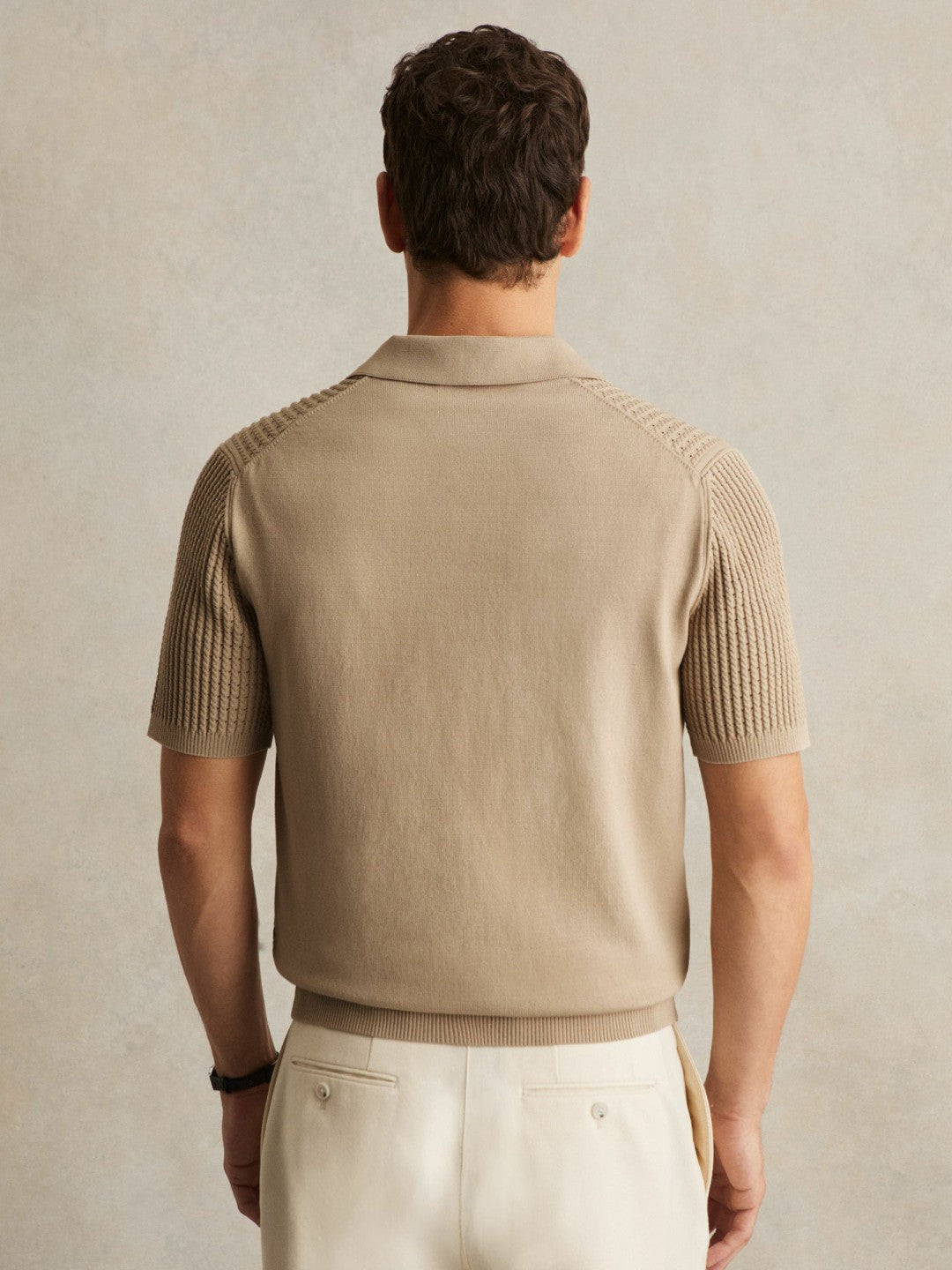 Micro-Cable Open-Collar Cotton-Blend Shirt in Light Camel Brown | Reiss Men Featured