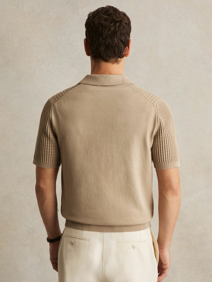 Micro-Cable Open-Collar Cotton-Blend Shirt in Light Camel Brown | Reiss Men Featured
