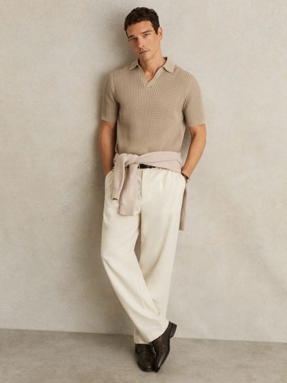 Micro-Cable Open-Collar Cotton-Blend Shirt in Light Camel Brown | Reiss Men Featured