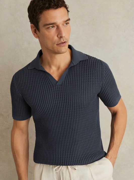 Micro-Cable Open-Collar Cotton-Blend Shirt in Dark Airforce Blue | Reiss Men New
