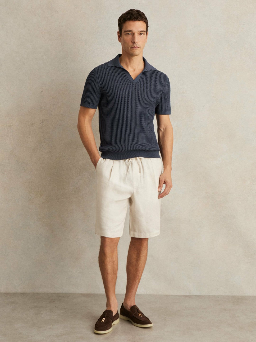 Micro-Cable Open-Collar Cotton-Blend Shirt in Dark Airforce Blue | Reiss Men New