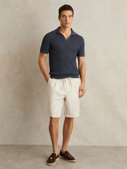 Micro-Cable Open-Collar Cotton-Blend Shirt in Dark Airforce Blue | Reiss Men New