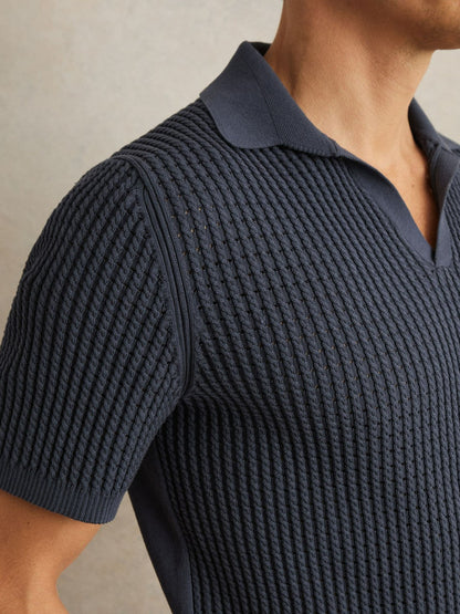 Micro-Cable Open-Collar Cotton-Blend Shirt in Dark Airforce Blue | Reiss Men New